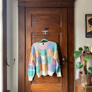 Vintage Jaclyn Smith Pastel Beaded Pullover Sweater CrewNeck Size L Cotton Candy